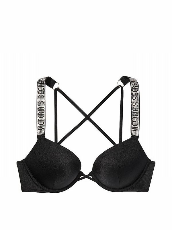 Black Victoria Secret Add 2 Cups Push Up Shine Strap Bikini Top | FLUPM4978