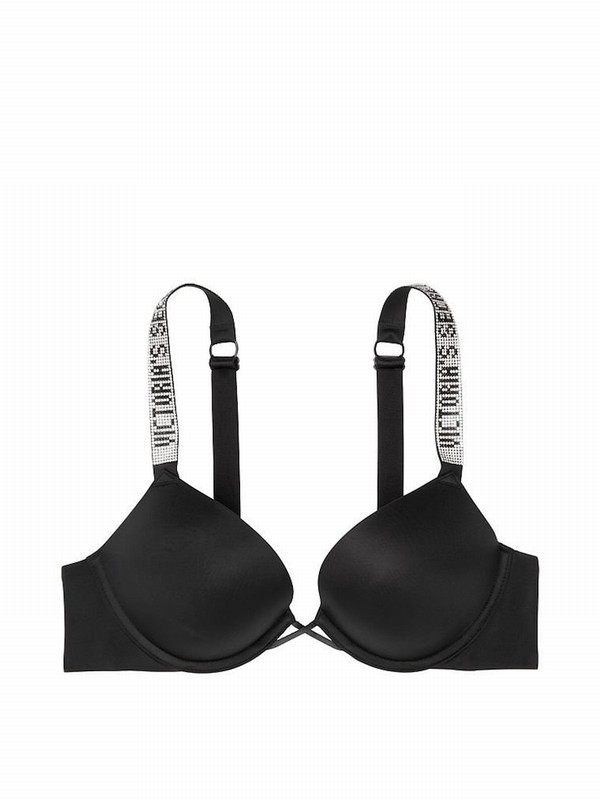 Black Victoria Secret Add 2 Cups Shine Strap Smooth Push Up Bras | ZVWRH3914