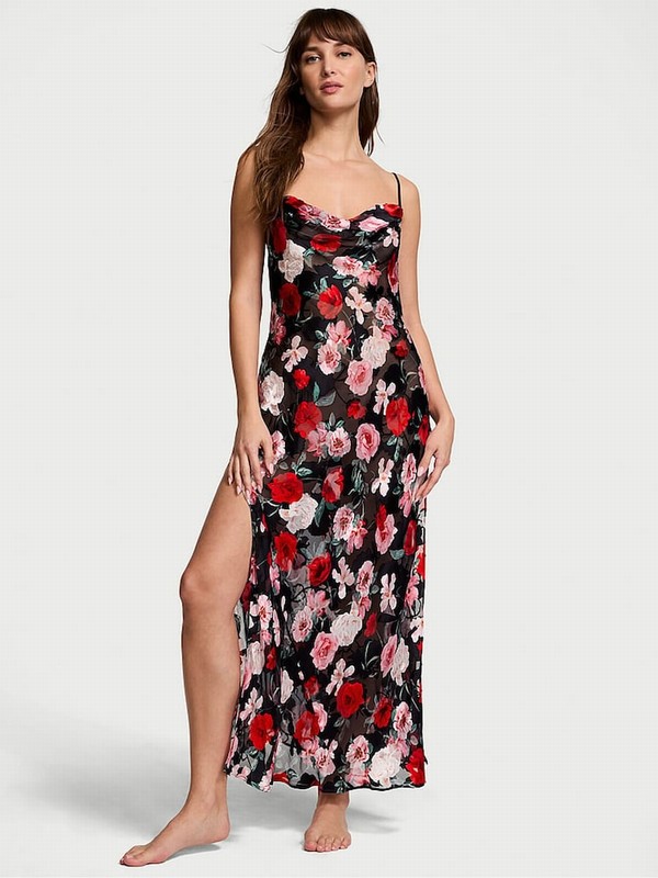 Black Victoria Secret Atelier Floral Atelier Burnout Satin Plunge Slip Nightwear | STRXV2486