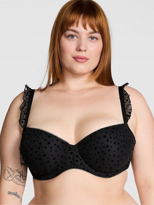 Black Victoria Secret Balcony Star Chaser Lace Bras | GQPIF6374
