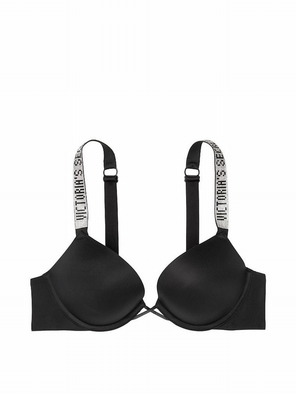 Black Victoria Secret Bombshell Add 2 Cups Push Up Shine Strap Bras | PEXIM3507