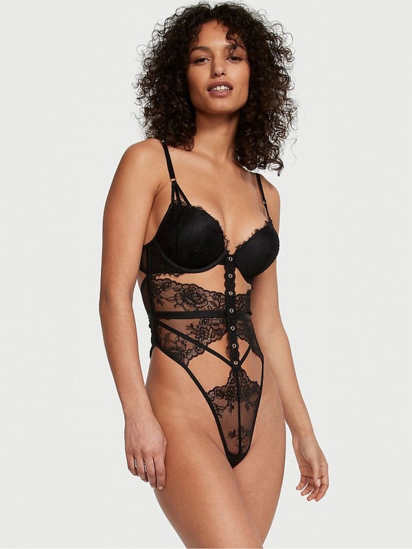 Black Victoria Secret Bombshell Eyelet Lace Bodysuit Lingerie | HXTCM0475
