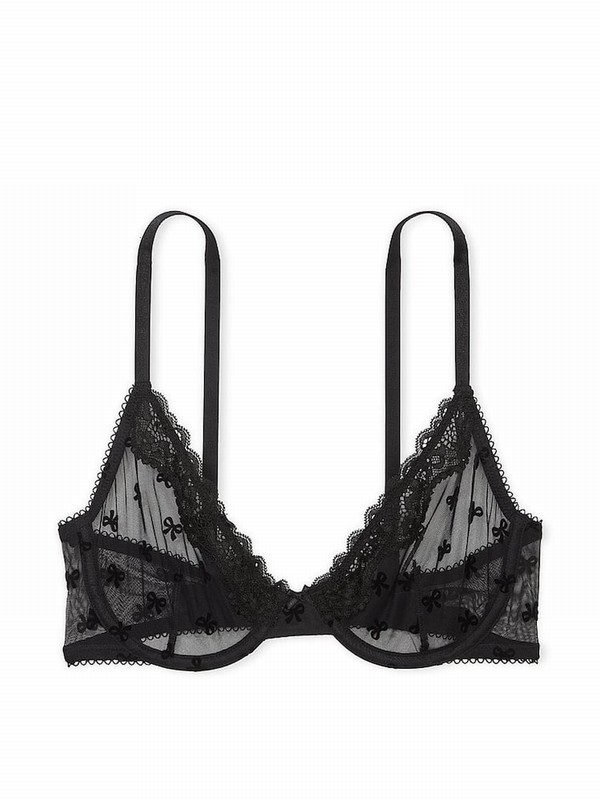 Black Victoria Secret Bows Flocked Unlined Demi Bras | QSHIR4150
