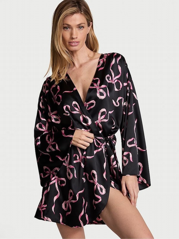 Black Victoria Secret Bows Satin Robe Lingerie | MVAOJ2058