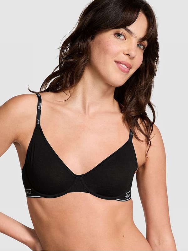 Black Victoria Secret Cotton Logo Unlined Scoop Bras | MVATX7419