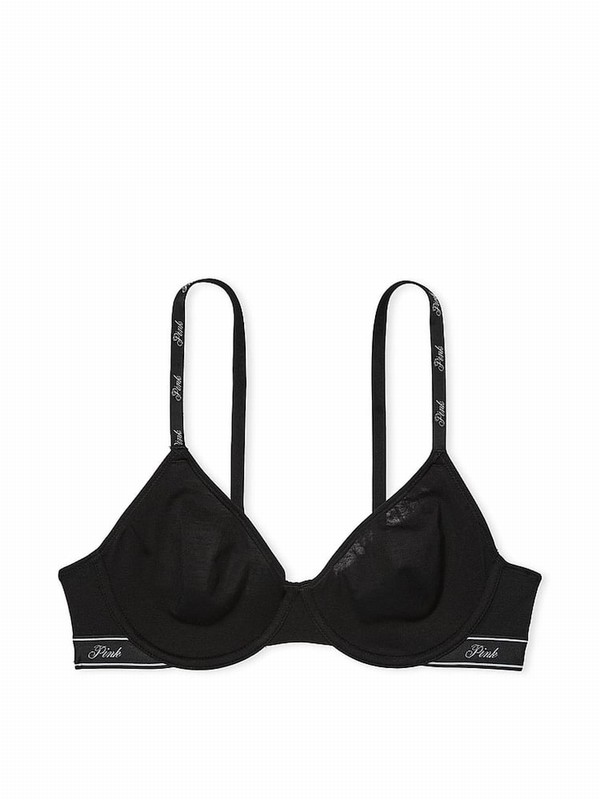 Black Victoria Secret Cotton Logo Unlined Scoop Bras | MVATX7419