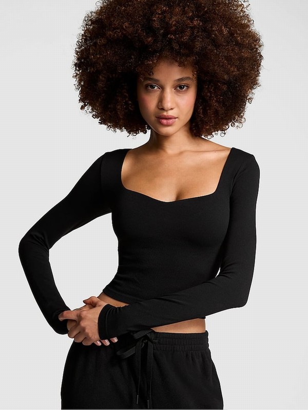Black Victoria Secret Cropped Fitted Long Sleeve Top Tops | VAPUD2987