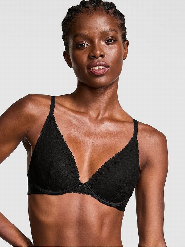 Black Victoria Secret Dainty Dot Plunge Lace Bras | AXKNC1372