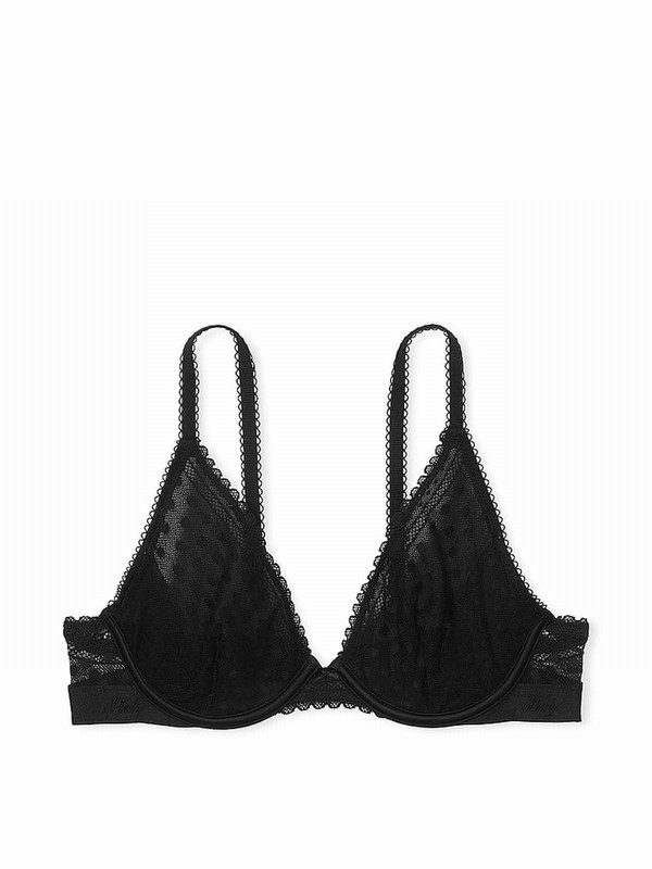 Black Victoria Secret Dainty Dot Plunge Lace Bras | AXKNC1372