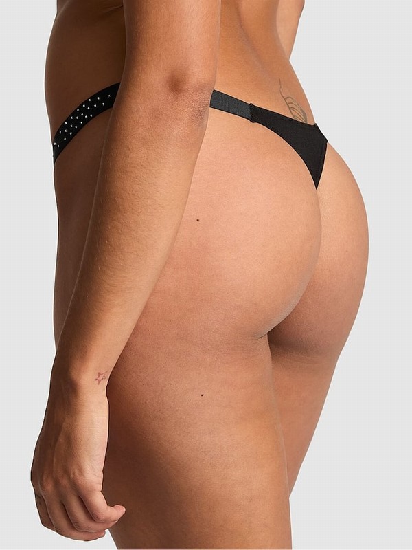 Black Victoria Secret Diamante Cotton Logo Mini Scoop Thong Underwear | PRGAH2896