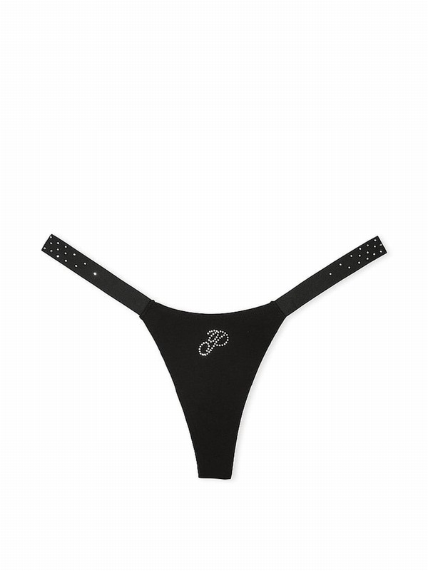 Black Victoria Secret Diamante Cotton Logo Mini Scoop Thong Underwear | PRGAH2896