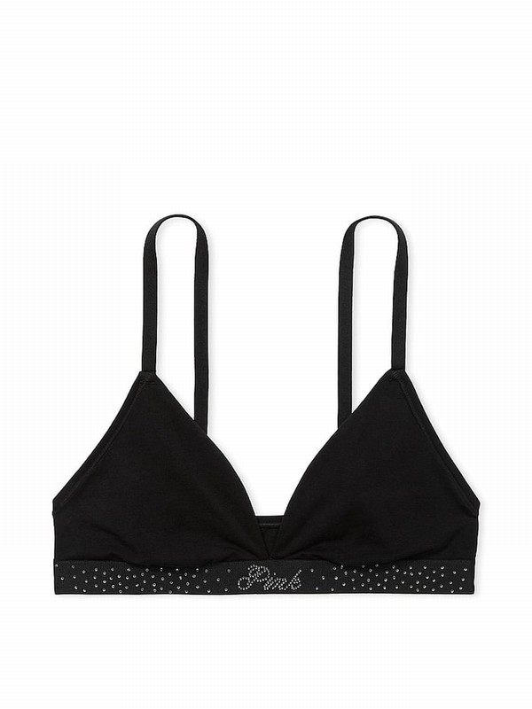 Black Victoria Secret Diamante Cotton Logo Trianglelette Bras | JQIML4978