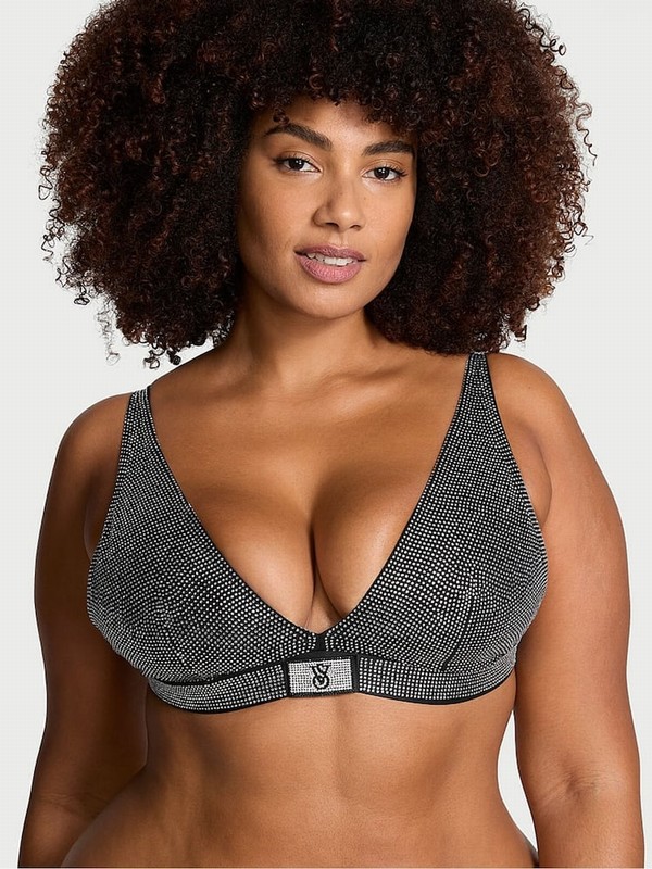 Black Victoria Secret Diamante Shine Plungelette Bras | LEQPV6459