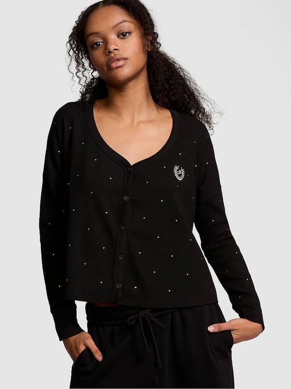 Black Victoria Secret Diamante Thermal Cropped Top Nightwear | LIOGZ2087