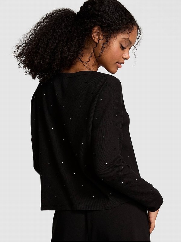 Black Victoria Secret Diamante Thermal Cropped Top Nightwear | LIOGZ2087