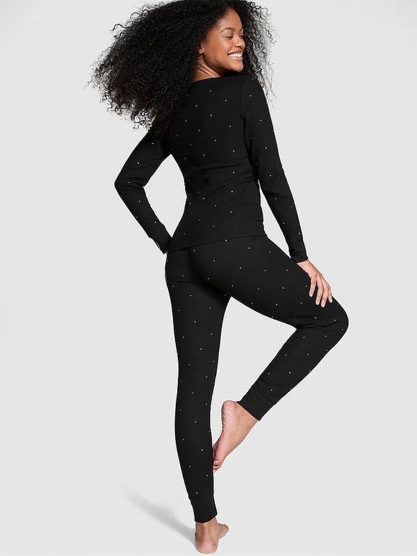 Black Victoria Secret Diamante Thermal Long Nightwear | XSATZ8974