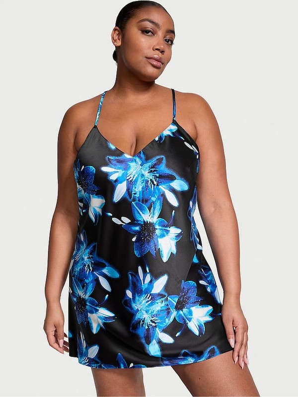 Black Victoria Secret Dramatic Floral Satin Open Back Slip Nightwear | EJCOT8379