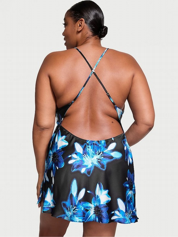 Black Victoria Secret Dramatic Floral Satin Open Back Slip Nightwear | EJCOT8379