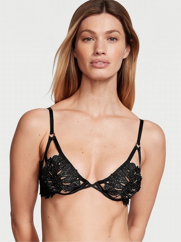 Black Victoria Secret Embellished Tropical Leaf Low Cut Demi Bras | ILJNA5942