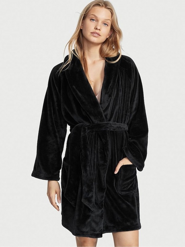 Black Victoria Secret Embossed Logo Cosying Gown Nightwear | PCIFD8509