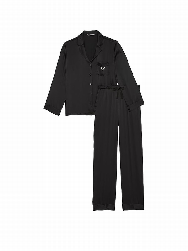 Black Victoria Secret Fashion Show \'24 Glazed Satin Long Nightwear | SIHKY8135