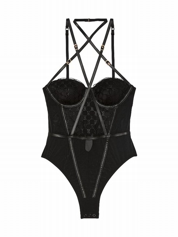 Black Victoria Secret Faux Leather Monogram Bodysuit Lingerie | ZGCML4386