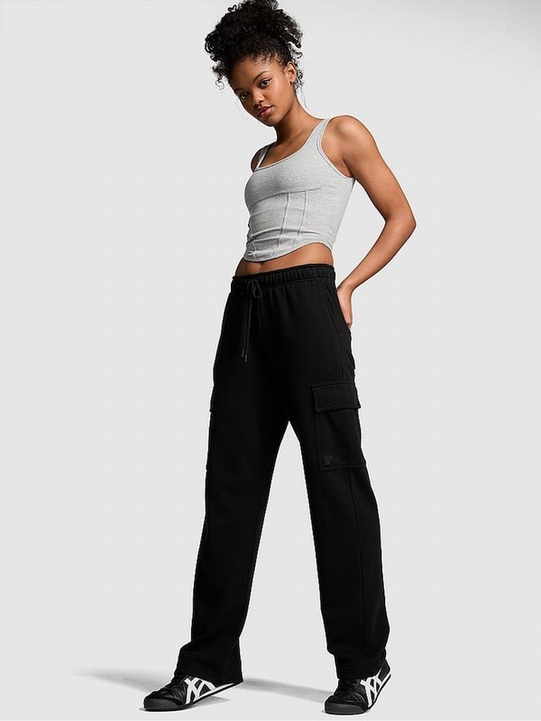 Black Victoria Secret Fleece Straight Leg Cargo Joggers | CFMQS3961