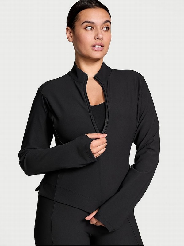 Black Victoria Secret Half Zip VSX Rib Jackets | UZCHS8967