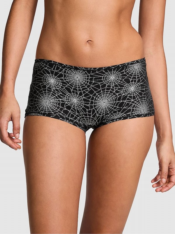 Black Victoria Secret Halloween Spiderweb Cotton Boyshort Underwear | GAIOY6947