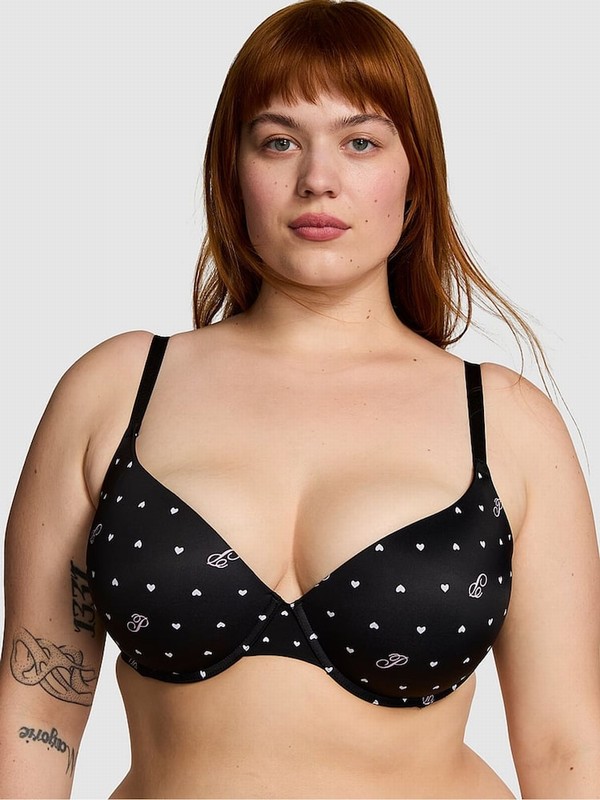 Black Victoria Secret Heart Script Print Push Up Bras | JCRHS3605