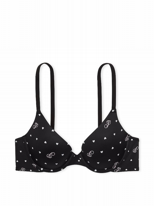 Black Victoria Secret Heart Script Print Push Up Bras | JCRHS3605