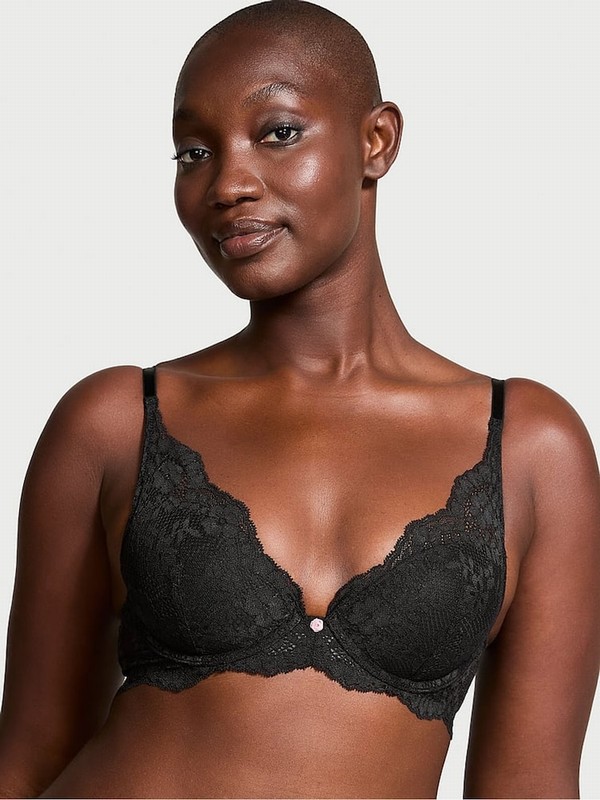 Black Victoria Secret Lace Half Pad Plunge Bras | MWRTN0127