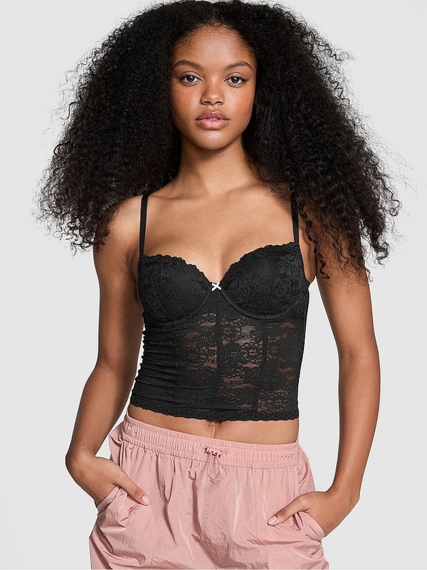 Black Victoria Secret Lace Lightly Lined Balcony Corset Top Lingerie | MHZDX4713
