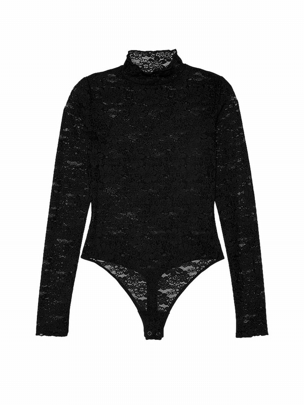 Black Victoria Secret Lace Mock Neck Bodysuit Tops | HJYWQ6893
