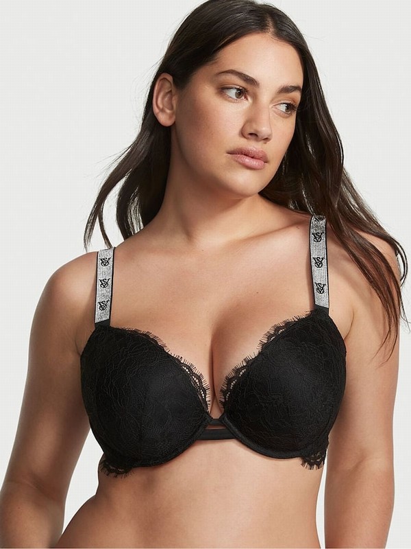 Black Victoria Secret Lace Monogram Push Up Shine Strap Push Up Bras | VJAUC3586