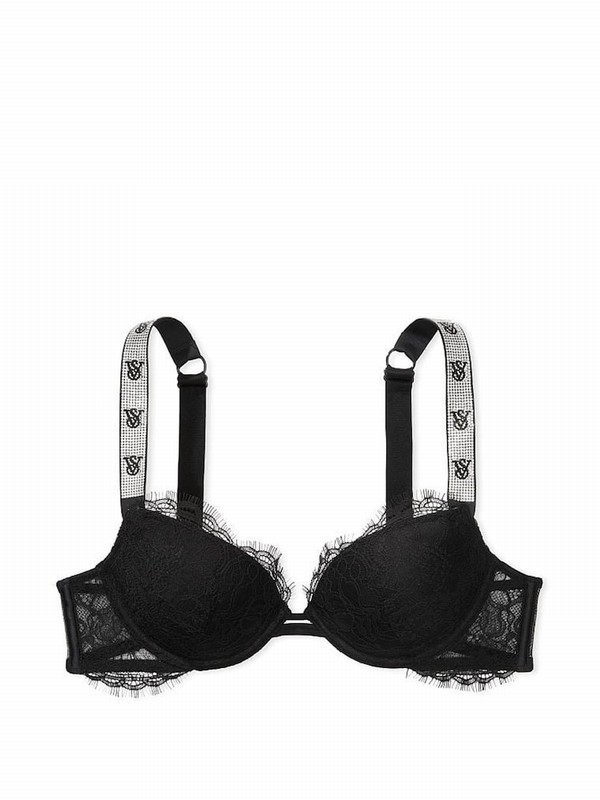 Black Victoria Secret Lace Monogram Push Up Shine Strap Push Up Bras | VJAUC3586