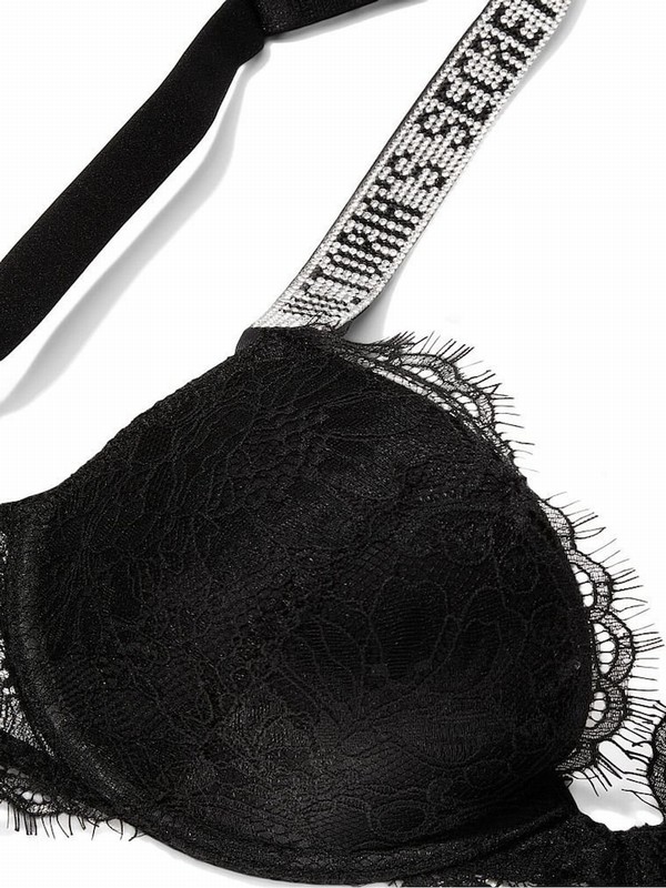 Black Victoria Secret Lace Push Up Shine Strap Push Up Bras | XCRLD8754