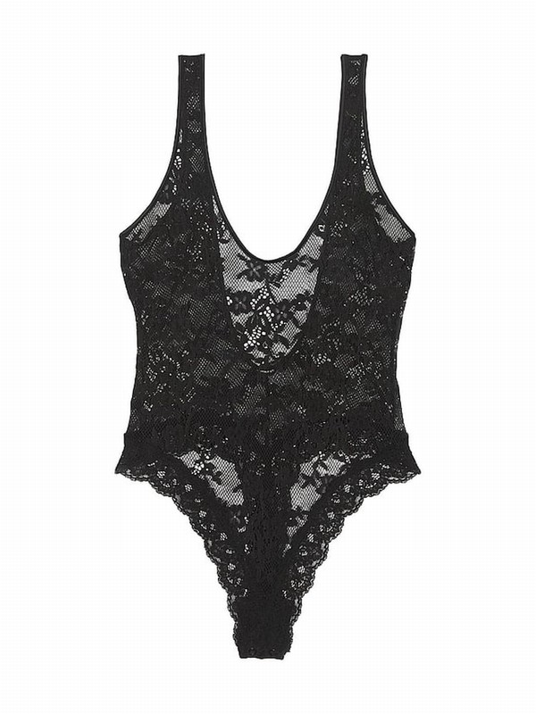 Black Victoria Secret Lace Scoop Bodysuit Tops | FKVOI0159
