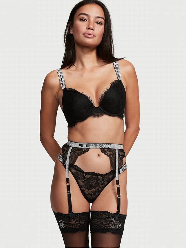 Black Victoria Secret Lace Shine Strap Suspenders Lingerie | NMKYT3921