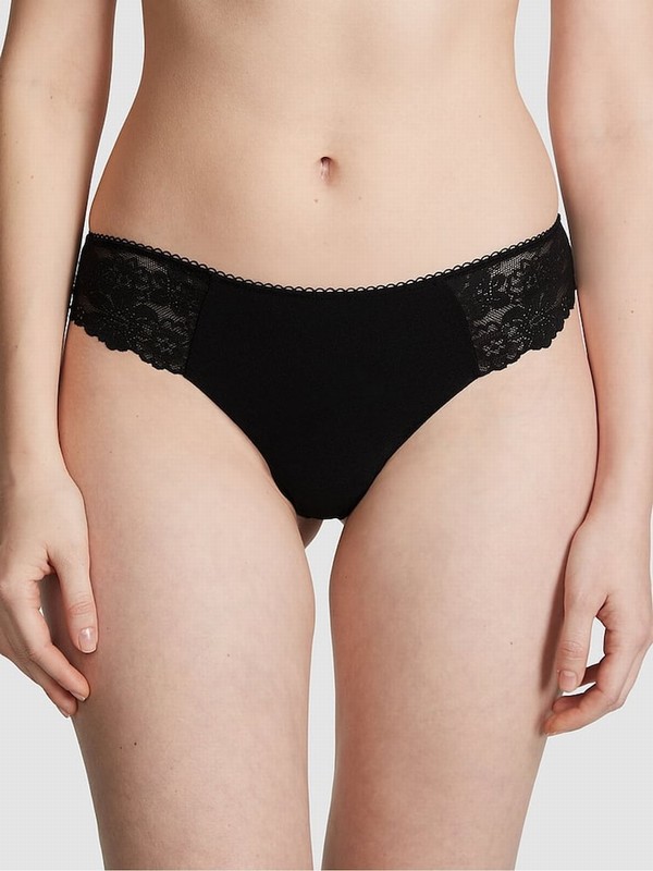 Black Victoria Secret Lace Thong No Show Underwear | HXKDM7029