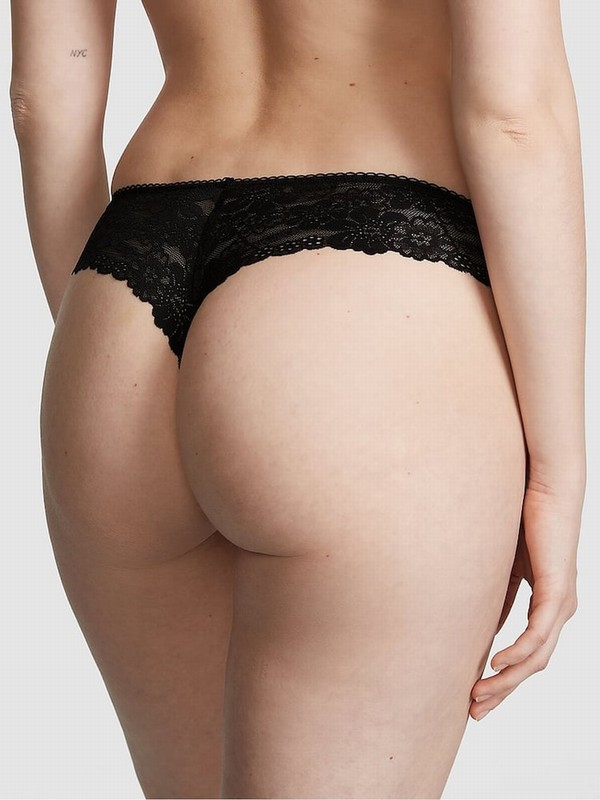 Black Victoria Secret Lace Thong No Show Underwear | HXKDM7029