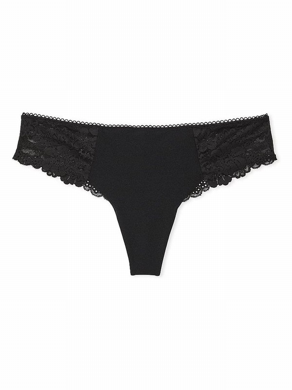 Black Victoria Secret Lace Thong No Show Underwear | HXKDM7029