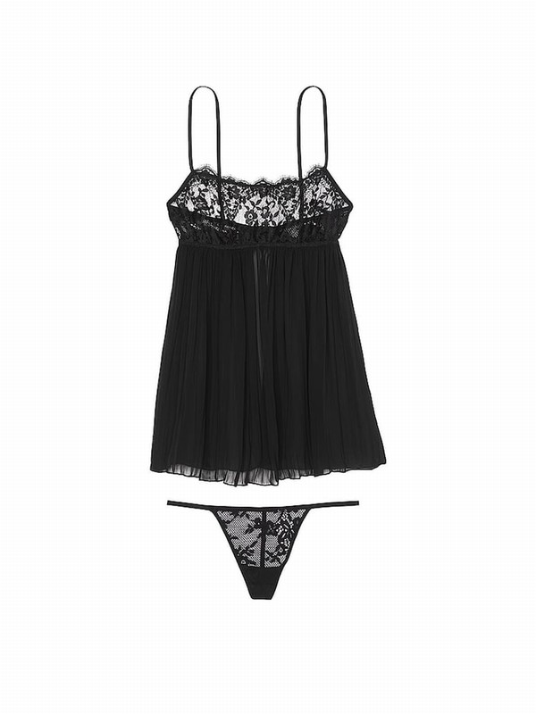 Black Victoria Secret Lace Top Pleated Babydoll Set Lingerie | RVHYM2437
