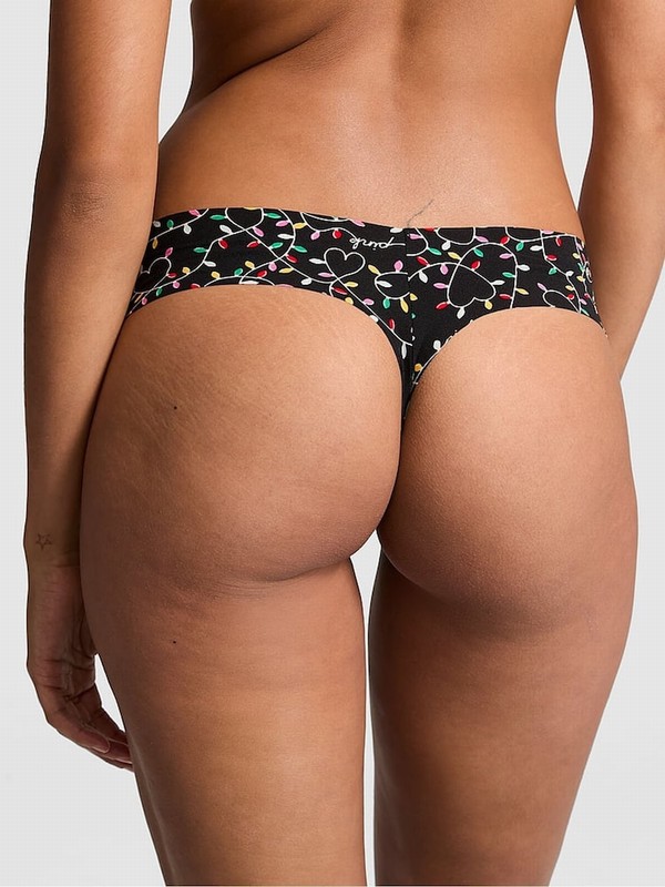 Black Victoria Secret Lights Print High Leg Thong Underwear | VULKR0197