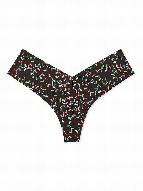 Black Victoria Secret Lights Print High Leg Thong Underwear | VULKR0197