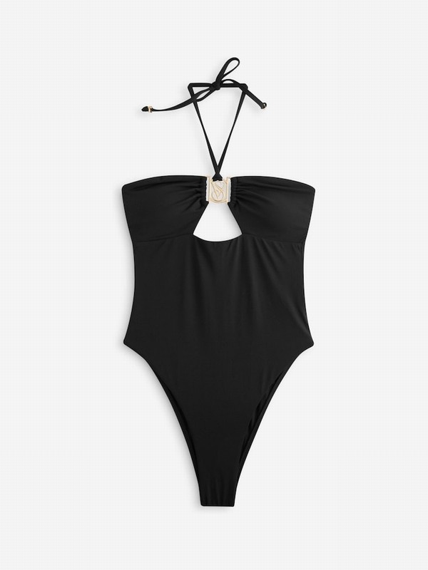 Black Victoria Secret Logo Hardware Tummy Control Bandeausuit Swimsuits | ZGHBE1746