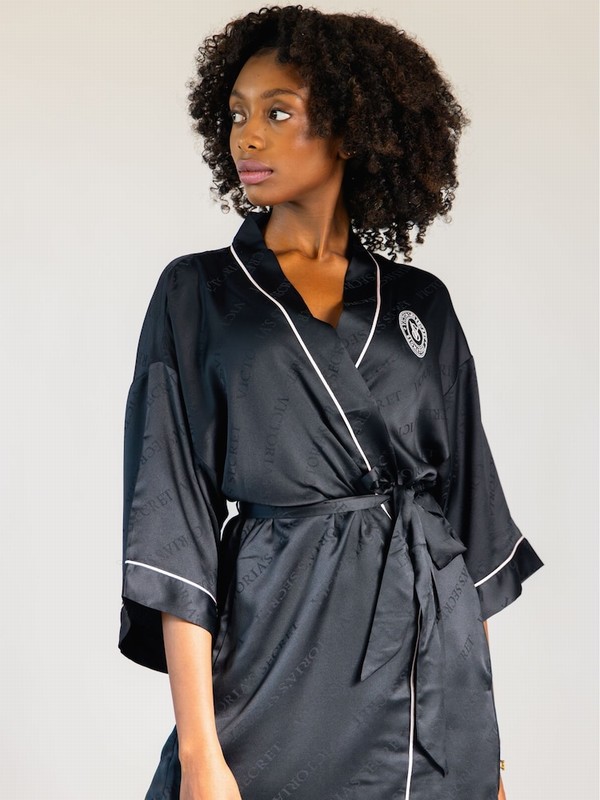 Black Victoria Secret Logo Satin Piped Robe Lingerie | YHSAV7548