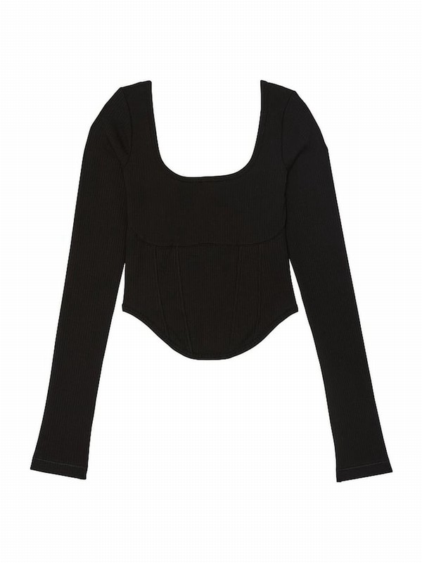 Black Victoria Secret Long Sleeve Cotton Corset Top Tops | CGIPO4952