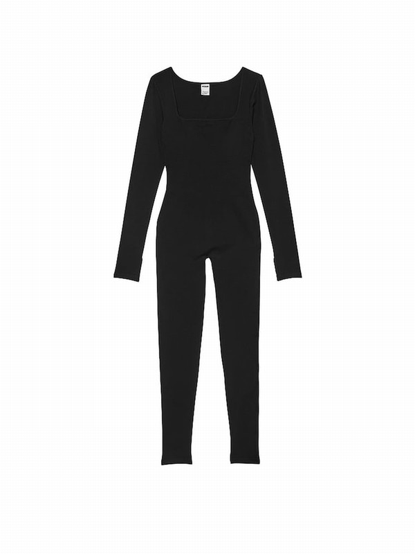 Black Victoria Secret Long Sleeve Square Neck Jumpsuit | FPXMA7920