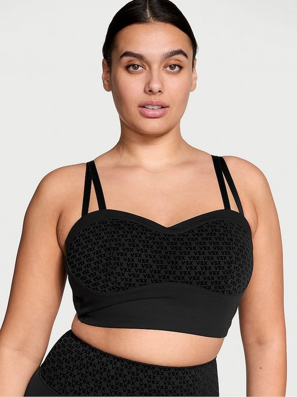 Black Victoria Secret Longline VSX Elevate™ Logo Mesh Low Impact Sports Bra | OTZAV6234